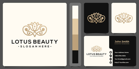 Fototapeta na wymiar Lotus beauty monoline logo luxury with business card template