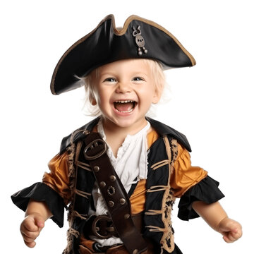 Cute little boy wearing pirate Halloween costume. Isolated on transparent background. 