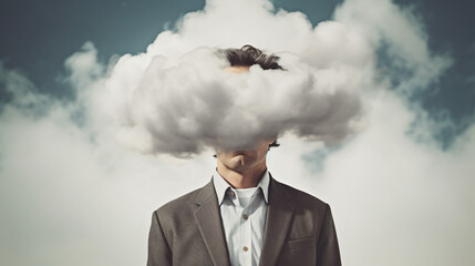 Businessman with clouds around his head. - obrazy, fototapety, plakaty