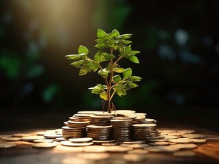 Little tree growing from money coin, financials saving concept. - obrazy, fototapety, plakaty
