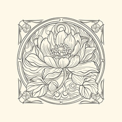Lotus and leaf sketch with fine graceful lines. Isolated flower on beige background. Vintage etching botanical lotus.
