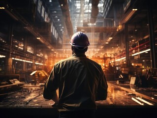 Obraz premium Construction Worker at Work: Rear View in the Workplace