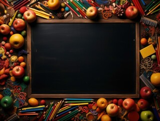 School supplies and blackboard with copy space. - obrazy, fototapety, plakaty