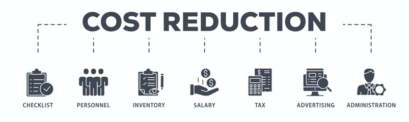 Cost reduction banner web icon glyph silhouette with icon of checklist, personnel, inventory, salary, tax, advertising and administration