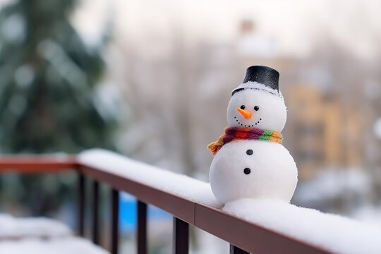 Mini snowman made of snow, on the snowy balcony balustrade, copy space. Generative AI