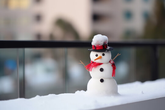 Mini snowman made of snow, on the snowy balcony balustrade, copyspace. Generative AI