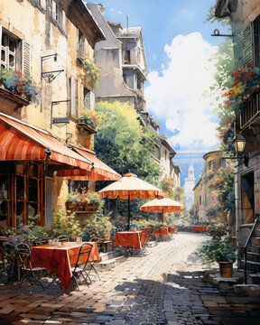 Street cafe in Paris, France. Watercolor painting on canvas