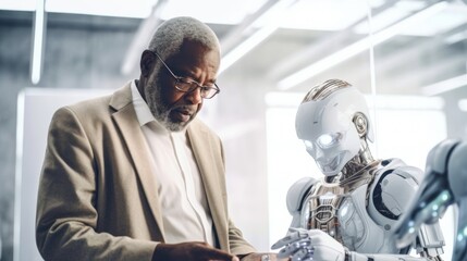An African American senior man collaborates with a robot in a futuristic office setting. Generative AI