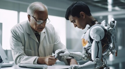 An Indian senior man collaborates with a robot in a futuristic office setting. Generative AI
