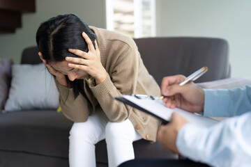 psychologist talking with depressed patient about mental condition.