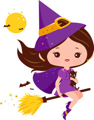 Beautiful Halloween witch with magical broom flying in the night sky. Vector illustration