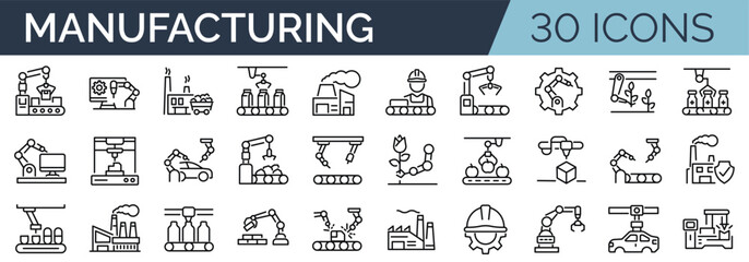 Set of 30 outline icons related to manufacturing, production. Linear icon collection. Editable stroke. Vector illustration - obrazy, fototapety, plakaty