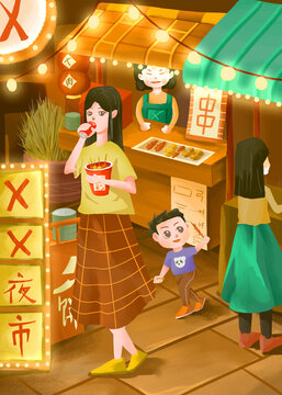 Illustration of young people eating midnight snack