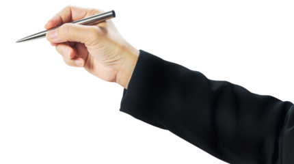 BusinessWoman hand holding Pen up in the air on white background, woman hand holding pen signing on the air isolate on white with PNG file.