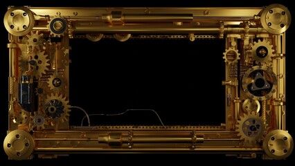 metal frame with gear mechanism, in the style of golden metal, abstraction, steampunk background, 3d render