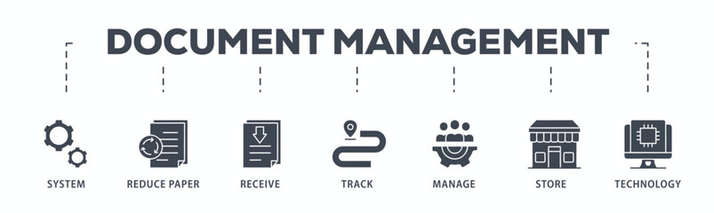 Document management banner web icon glyph silhouette with icon of system, reduce paper, receive, track, manage, store, cloud and technology
