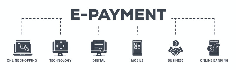 E-Payment banner web icon glyph silhouette of internet banking with icon of online shopping, technology, digital, mobile, business and online banking