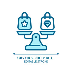 2D pixel perfect editable blue shopping bags on weight scale icon, isolated vector, thin line illustration representing comparisons.