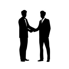 Silhouettes of men in full height shake hands. Male handshake of business partners. Vector illustration