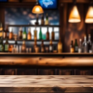 Empty wooden pub table and blurred pub background