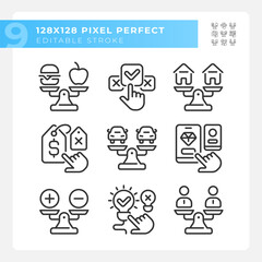 2D pixel perfect black icons set representing comparisons, editable thin linear illustration.