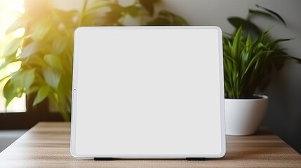 Mockup white screen tablet on stand holder on white best table with duplicate space