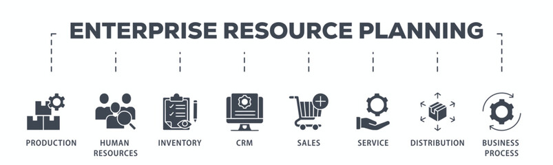 Enterprise resource planning banner web icon glyph silhouette with icon of production, human resources, inventory, crm, sales, service, distribution, business process
