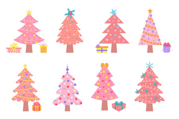 Pink christmas trees set. Cute pastel decorated Christmas trees with presents. Winter holidays glamour decorative collection.