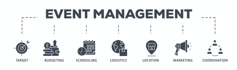 Event management banner web icon glyph silhouette with icon of target, budgeting, scheduling, logistics, location, marketing, and coordination