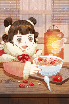 Illustration Little Girl Drinks Laba Congee