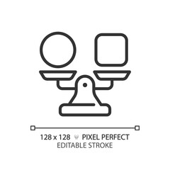 2D pixel perfect customizable black circle and square shape on weight scale icon, isolated vector, thin line illustration representing comparisons.