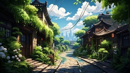Fototapeta premium Idyllic Old Japan Street in Summer