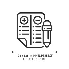 2D pixel perfect customizable black positive and negative points icon, isolated vector, thin line illustration representing comparisons.