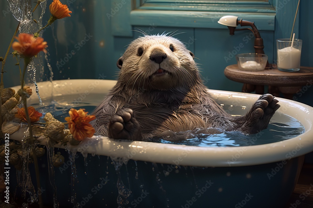 Poster a heartwarming and whimsical image of a sea otter joyfully floating in a bathtub, transforming the b