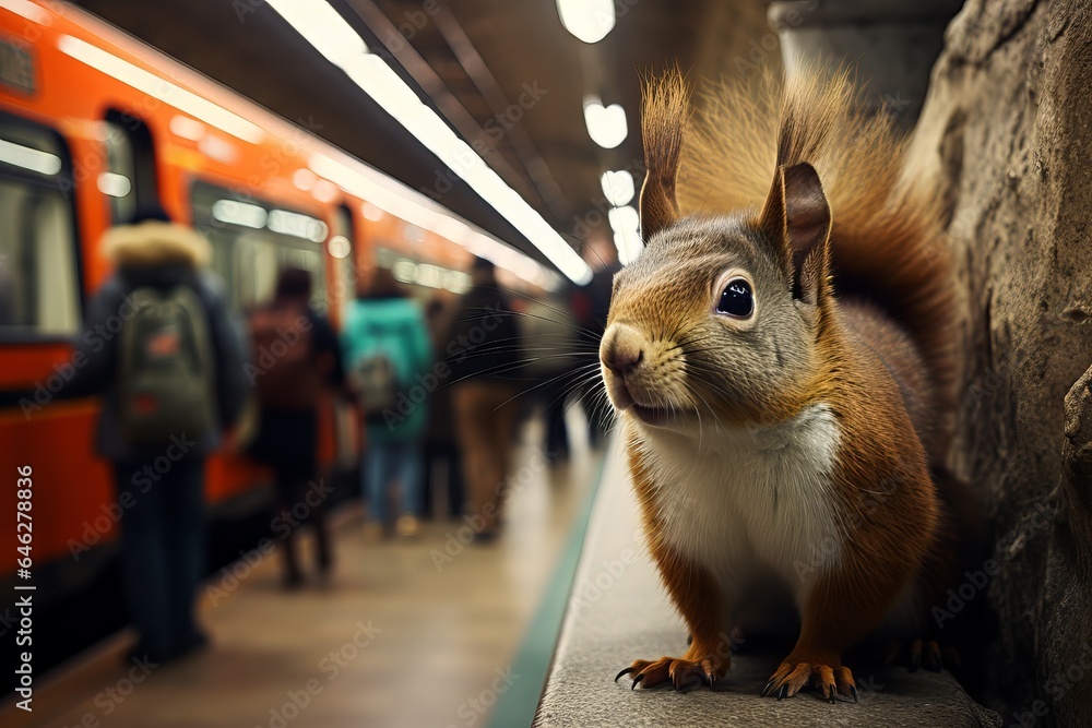 Poster a squirrel inside a busy subway station.