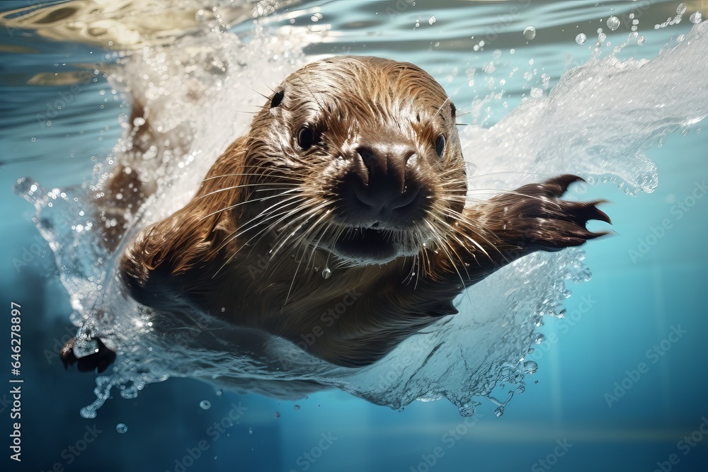 Poster a platypus splashing in a swimming pool.
