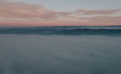 Misty Morning Charm: Aerial View of Slavonski Brod in the Fog - 646278843