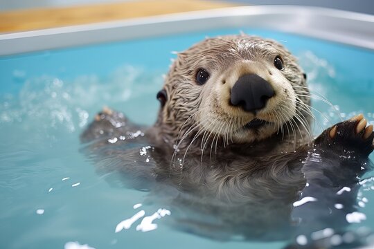 A heartwarming and whimsical image of a sea otter joyfully floating in a bathtub, transforming the bathroom into a magical aquatic sanctuary within the confines of a home.