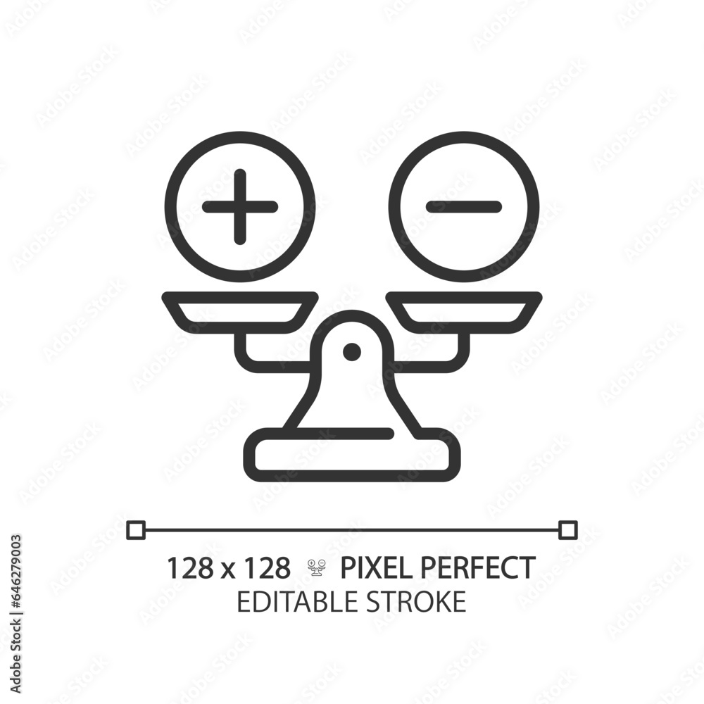 Poster 2d pixel perfect customizable black weight scale with plus and minus icon, isolated vector, thin lin