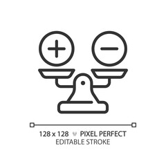 2D pixel perfect customizable black weight scale with plus and minus icon, isolated vector, thin line illustration representing comparisons.