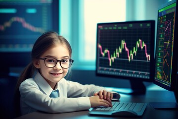 Portrait of a cute little girl in glasses and a business suit sitting at the table in front of a computer monitor with a stock chart.Generative Ai