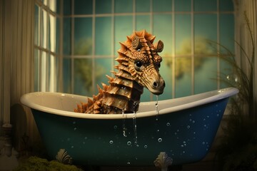 A seahorse swimming in a bathtub.