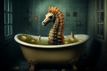 A seahorse swimming in a bathtub.