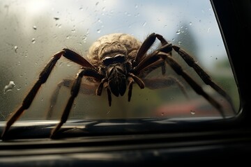 A tarantula crawling across a car windshield.