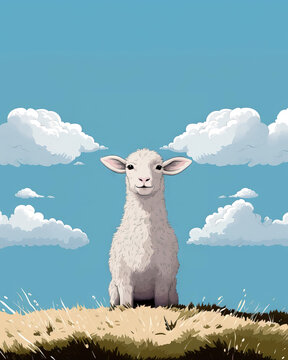 Sheep on the meadow with a blue sky and clouds. Vector illustration
