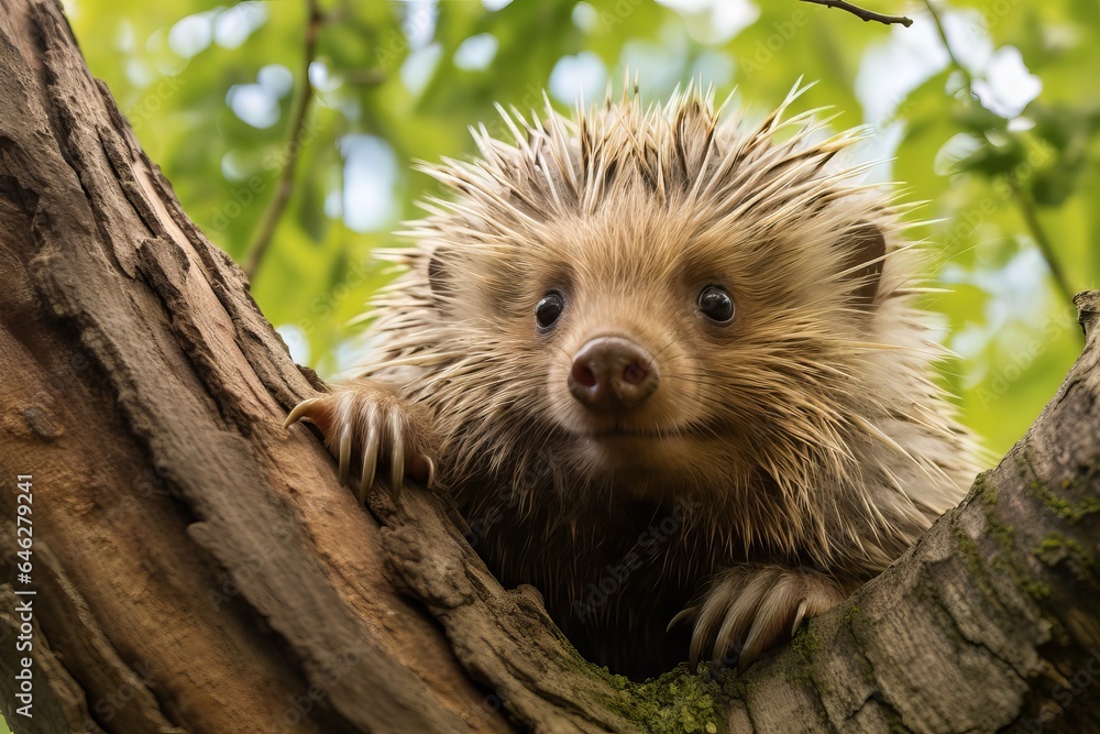 Poster a porcupine perched in a tree in a backyard.