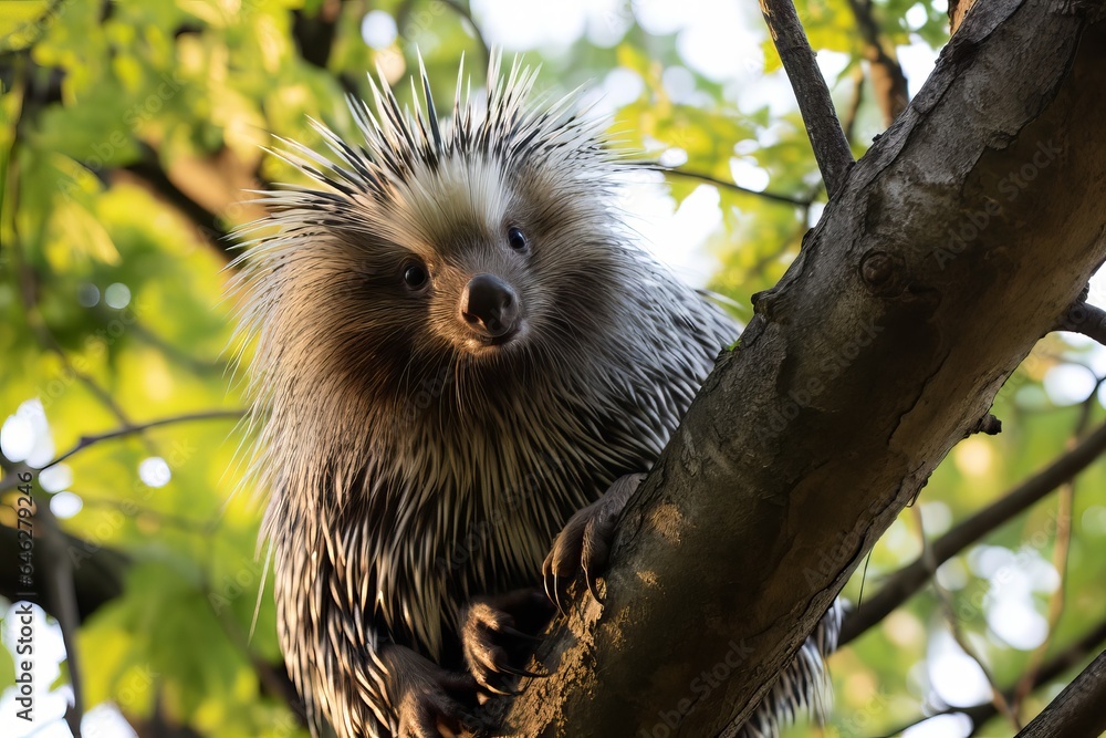 Poster a porcupine perched in a tree in a backyard.