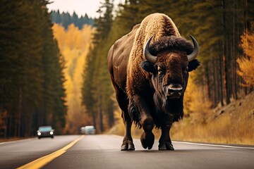 A bison crossing a highway