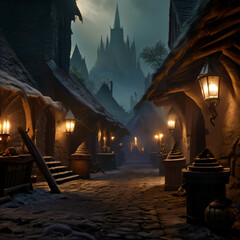 Fantasy town in middle age with castle in background. Extremely detailed concept design