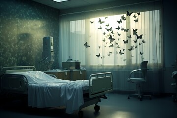A delicate and ethereal image of a butterfly gracefully fluttering around a hospital room, bringing a touch of natural beauty and hope to a clinical setting.